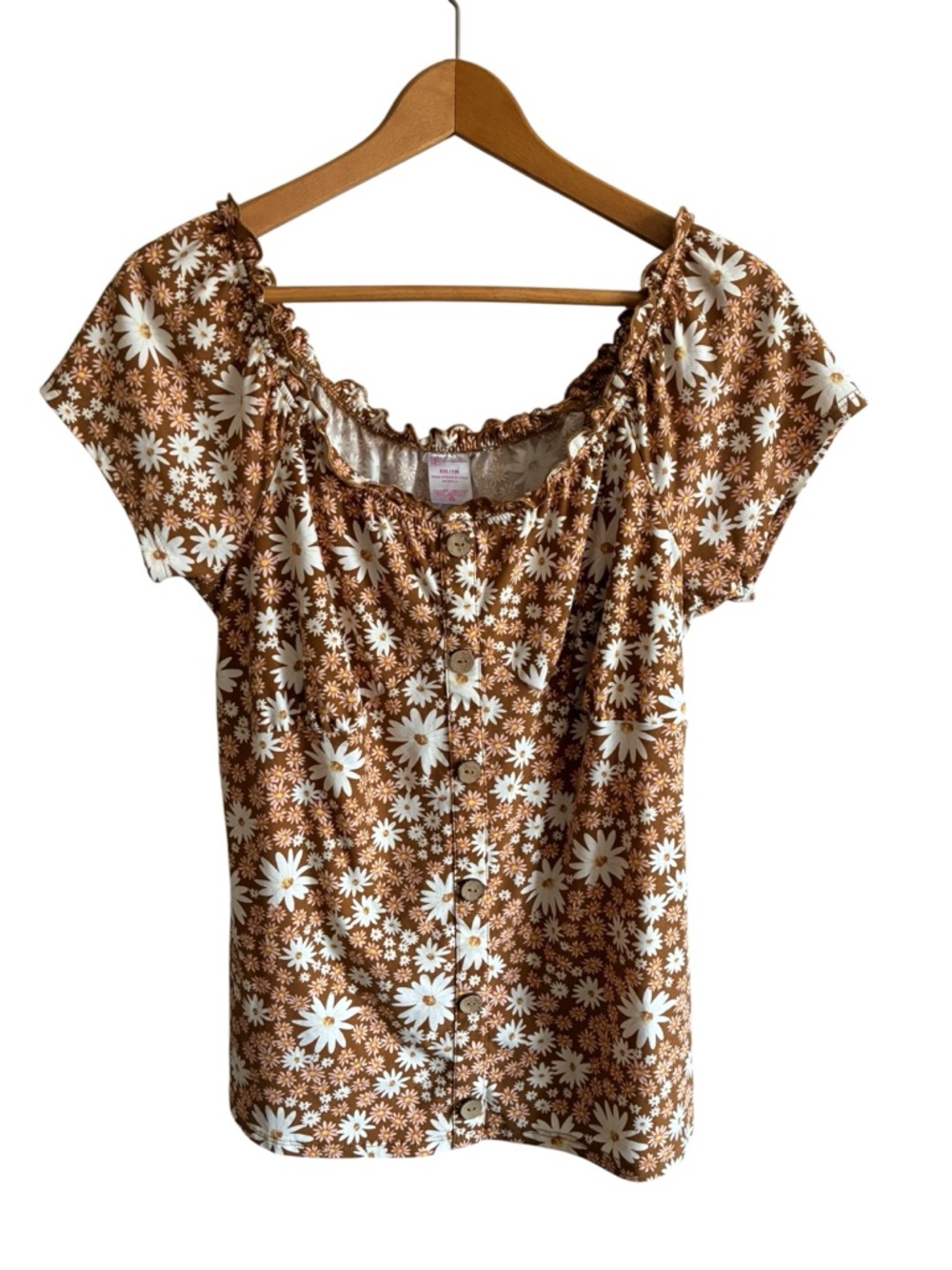 Women’s Brown Floral Button-Front Top with White Daisies